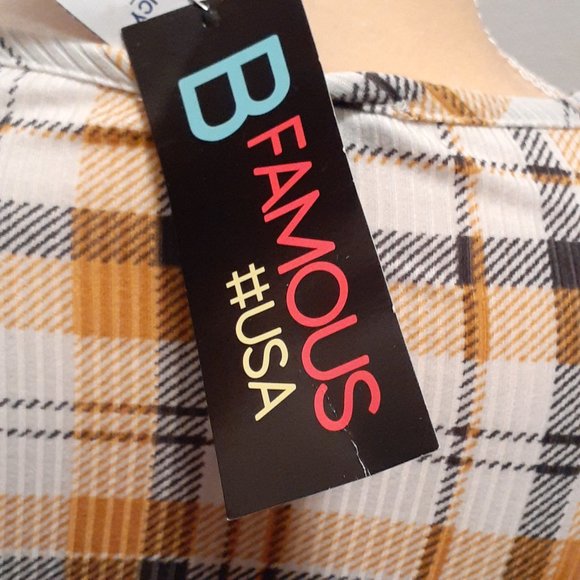 B Famous #USA Gold Black Cream Gingham Squares Asymetrical Shirt - Size Medium - Picture 6 of 7